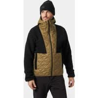 Brown Helly Hansen men's hooded hybrid jacket, quilted front, black sleeves, and hood, size S.