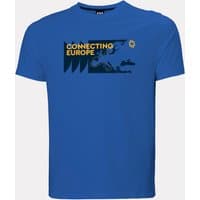 Blue Helly Hansen T-shirt with "Connecting Europe" graphic, featuring map and nautical icons, size 2XL.