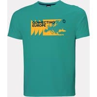 Green Helly Hansen T-shirt with "Connecting Europe" graphic in yellow, featuring map design, size L.
