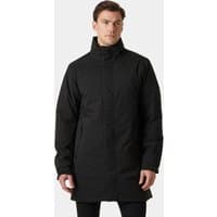Black Helly Hansen men's insulated raincoat with high collar and front zipper, size S.