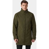 Green Helly Hansen men's insulated raincoat, mid-length, high collar, front zipper, size M.