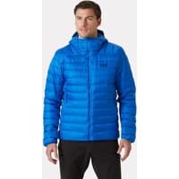 Blue Helly Hansen men's hooded down jacket, quilted design, front zipper, size 2XL.