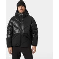 Black Helly Hansen men's down jacket, 2XL, with hood, quilted design, and front zipper closure.