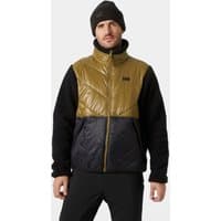 Brown and black Helly Hansen men's hybrid jacket with quilted front, zip closure, and high collar, size XL.