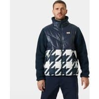 Navy Helly Hansen men's jacket with quilted front, high collar, and bold houndstooth pattern on lower half, size S.
