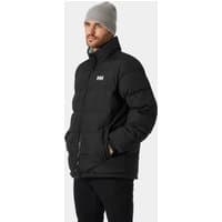 Black Helly Hansen reversible puffer jacket, men's size L, with high collar and logo on chest.