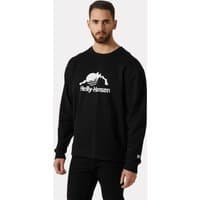 Black Helly Hansen men's crew sweater with white logo on chest, ribbed cuffs, and relaxed fit.
