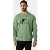 Green Helly Hansen men's crew sweater with black logo on chest, ribbed cuffs, and hem, size small.
