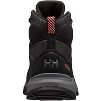Black Helly Hansen mid hiker boot with red accents, mesh upper, and reinforced heel, featuring HH logo on the back.