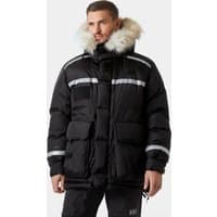 Black Helly Hansen Arctic Patrol Down Parka XL with fur-trimmed hood, reflective stripes, and multiple front pockets.