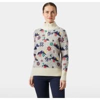 White Helly Hansen wool knit sweater with colorful Icelandic patterns, high collar, and ribbed cuffs, size XL.