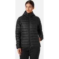 Black Helly Hansen women’s hooded insulator jacket with quilted design and front zipper, size L.