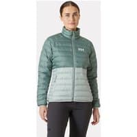 Green Helly Hansen women’s Banff Insulator Jacket, quilted design, high collar, two-tone with logo on chest, size L.