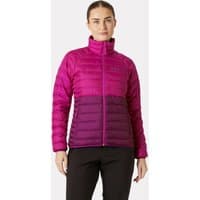 Purple Helly Hansen women’s jacket with quilted design, high collar, and front zipper, size M.