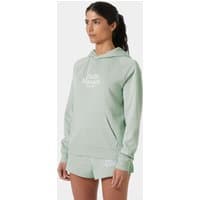 Helly Hansen green hoodie for women, size S, with white logo on chest, drawstring hood, and ribbed cuffs.