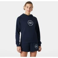 Navy Helly Hansen women’s hoodie with white logo on chest, drawstring hood, and ribbed cuffs, size L.