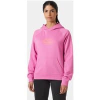 Pink Helly Hansen women’s hoodie, size S, with logo on chest, drawstring hood, and ribbed cuffs.