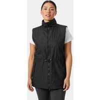 Black Helly Hansen women’s spring vest with high collar, front zipper, and adjustable waist, size M.