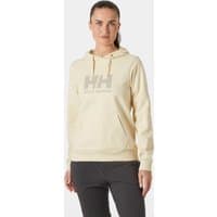 White Helly Hansen women's hoodie with HH logo on chest, drawstring hood, and front pocket, size M.