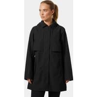 Black Helly Hansen Lilja raincoat for women, XL size, featuring a hood, front pockets, and a sleek, waterproof design.