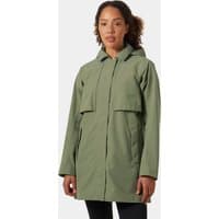 Green Helly Hansen women’s raincoat, XL, with hood and front flap pockets.
