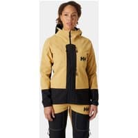 Beige Helly Hansen women’s softshell jacket with black accents, hood, and front zipper, size L.