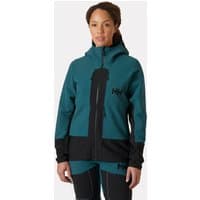 Green Helly Hansen women’s softshell jacket with hood, black accents, and front zipper, size S.