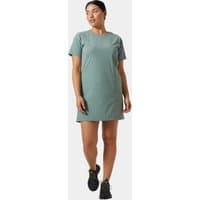 Green Helly Hansen short sleeve dress, knee-length, crew neck, relaxed fit, worn by model, size M.