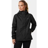 Black Helly Hansen women's rain jacket with hood, front zipper, and logo on chest, size XS.