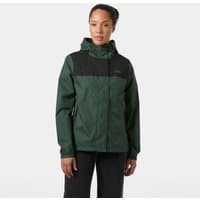 Green Helly Hansen women’s rain jacket with hood, black shoulder accents, and front zipper, size L.