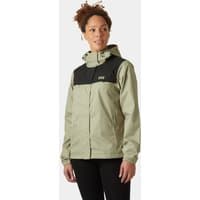 Green Helly Hansen women’s rain jacket with hood, black chest panel, and front zipper, size M.
