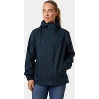 Navy Helly Hansen women's rain jacket with hood, front zipper, and adjustable cuffs, size XS.