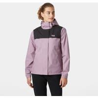 Purple Helly Hansen rain jacket, black shoulders, hooded, XS size, front zipper, women's style.