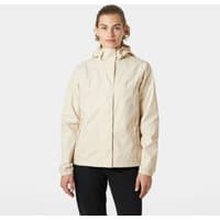 White Helly Hansen women's rain jacket with hood, front zipper, and adjustable cuffs, size L.