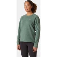 Green Helly Hansen women’s crewneck sweater with long sleeves and subtle logo on chest, worn by model.
