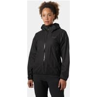 Black Helly Hansen women's jacket with hood, zip closure, and lightweight design, size L.