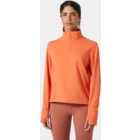 Orange Helly Hansen women’s fleece with cinched waist, long sleeves, and half-zip front, size M.
