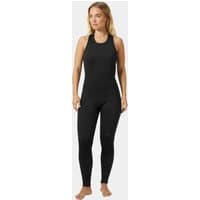 Black Helly Hansen women’s salopette, sleeveless, form-fitting, full-length, size XS, with subtle logo on leg.