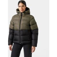 Brown Helly Hansen women's puffy jacket, lightweight, with hood, black lower section, and checkered pattern on top.