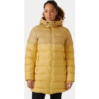 Beige Helly Hansen women's puffy parka with hood, quilted design, and front zipper closure, size L.
