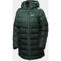 Green Helly Hansen women's puffy parka, hooded, quilted design, front zipper, size XL.