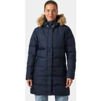 Navy Helly Hansen women's long parka with fur-trimmed hood, quilted design, and front zipper, size XS.