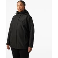 Black Helly Hansen women's jacket with hood, front zipper, and side pockets, size 1X.