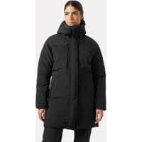 Black Helly Hansen women's parka with hood, front zipper, chest pocket, and long sleeves, size XL.