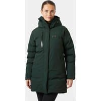 Green Helly Hansen women's parka with hood, front zipper, chest pocket, and logo on chest.
