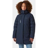 Navy Helly Hansen women's parka with hood, front zipper, and insulated design, size M.
