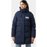 Navy Helly Hansen women's puffy parka, 2XL, with hood, front zipper, and HH logo on chest.