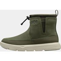Green Helly Hansen women's winter boots, lightweight with elastic side panels, pull tab, and beige sole, size 6.
