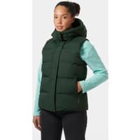 Green Helly Hansen women's puffy vest, size S, with a high collar and zippered pockets.