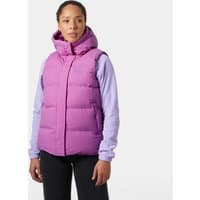 Pink Helly Hansen women's puffy vest with hood, quilted design, and front zipper, size L.